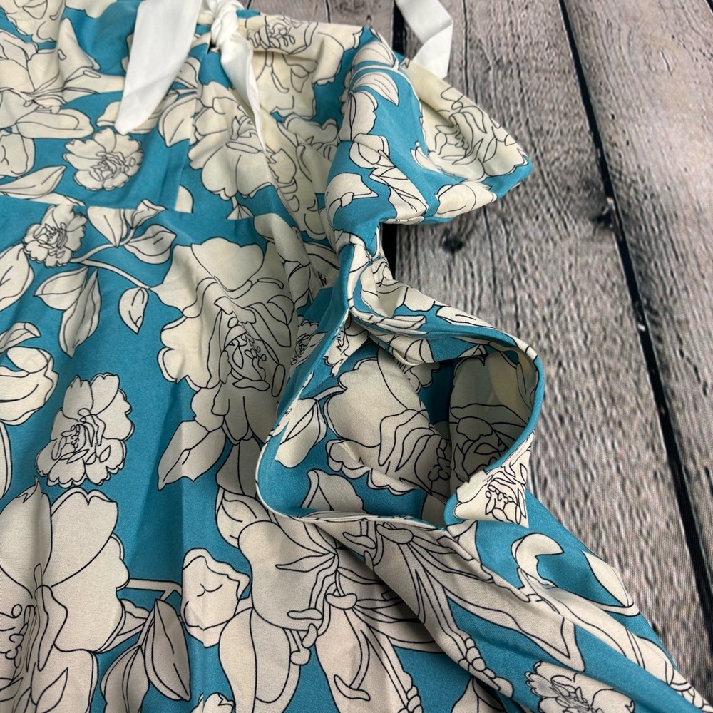 Unique Vintage Retro Blue White Hawaiian Floral A-Line Halter Dress Size XL 14. - Picture 11 of 11